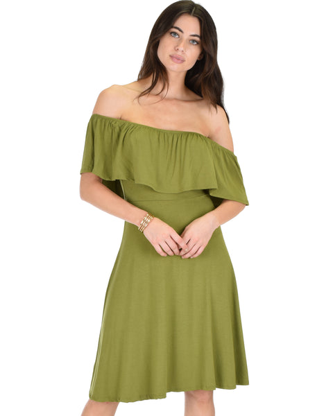 Wait And See Off The Shoulder Olive Midi Dress