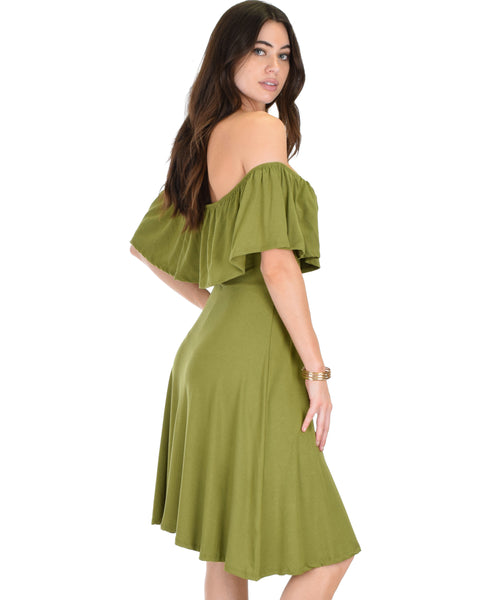 Wait And See Off The Shoulder Olive Midi Dress