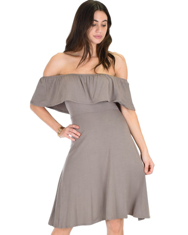 Wait And See Off The Shoulder Brown Midi Dress