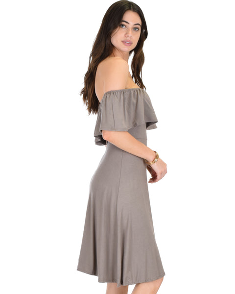 Wait And See Off The Shoulder Brown Midi Dress