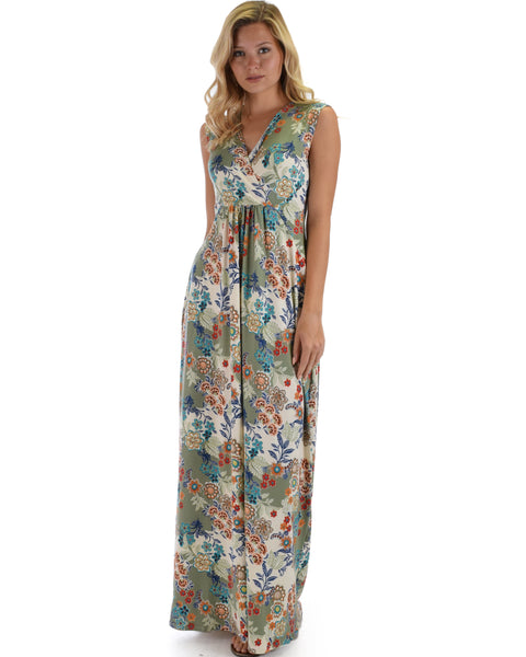 Lyss Loo Sweetest Kiss Sleeveless Yummy Floral Olive Maxi Dress