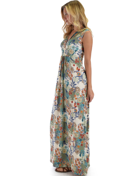 Lyss Loo Sweetest Kiss Sleeveless Yummy Floral Olive Maxi Dress