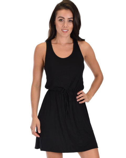 At Ease Waist Tie Black Tank Dress