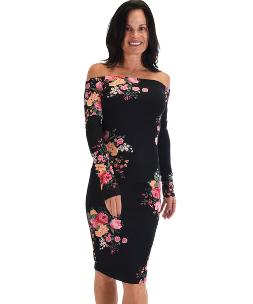 Lyss Loo Women's Love Poem Off The Shoulder Black Floral Bodycon Dress