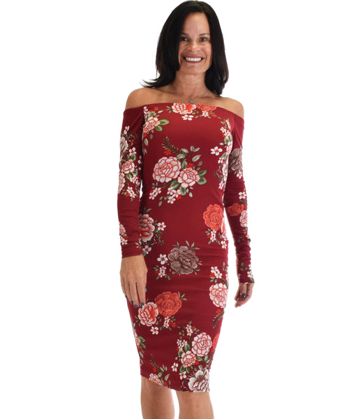 Lyss Loo Women's Love Poem Off The Shoulder Burgundy Floral Bodycon Dress