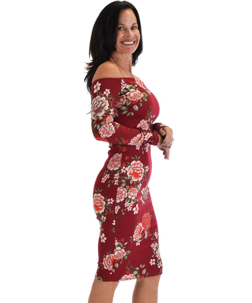 Lyss Loo Women's Love Poem Off The Shoulder Burgundy Floral Bodycon Dress