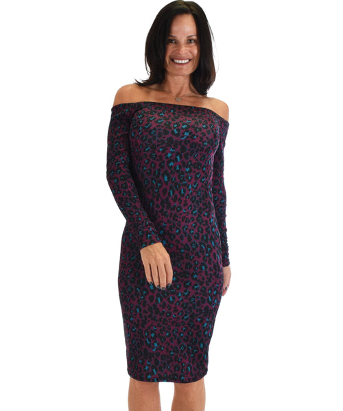 Lyss Loo Women's Love Poem Off The Shoulder Purple Leopard Bodycon Dress