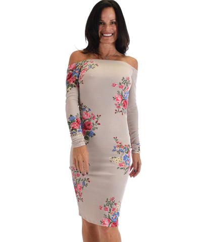 Lyss Loo Women's Love Poem Off The Shoulder Taupe Floral Bodycon Dress