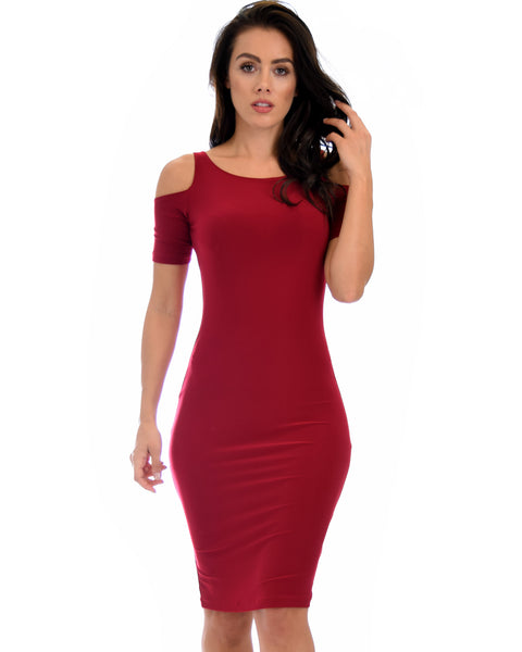 Love Me Completely Cold Shoulder Burgundy Bodycon Midi Dress