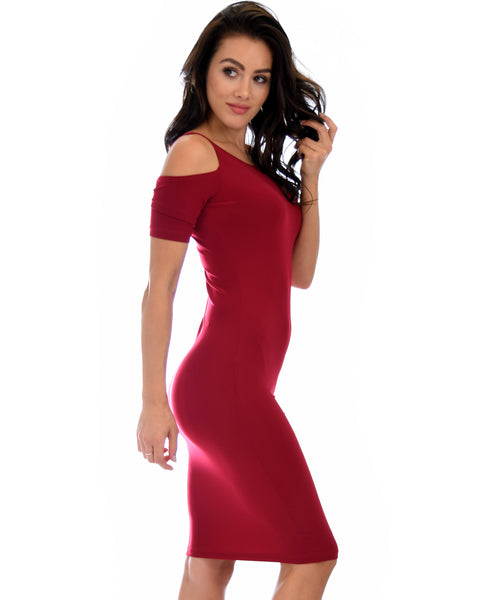 Love Me Completely Cold Shoulder Burgundy Bodycon Midi Dress