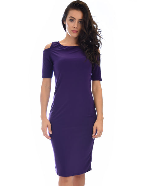 Love Me Completely Cold Shoulder Purple Bodycon Midi Dress