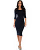 True 2 You 3/4 Sleeve Black Bodycon Midi Dress - Full Image