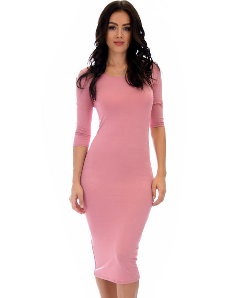 True 2 You 3/4 Sleeve Mauve Bodycon Midi Dress