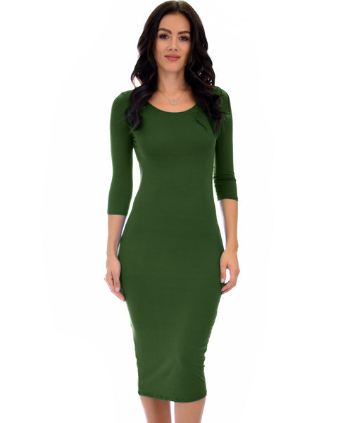 True 2 You 3/4 Sleeve Olive Bodycon Midi Dress