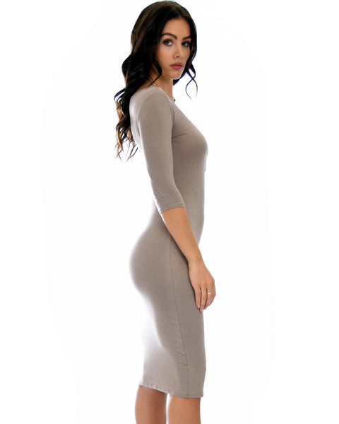 True 2 You 3/4 Sleeve Taupe Bodycon Midi Dress