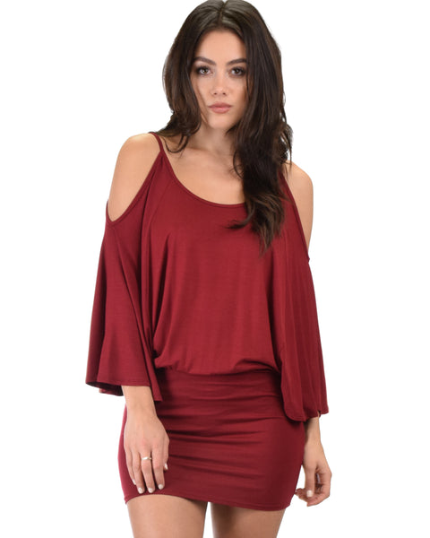 Game Changer Cold Shoulder Burgundy Dolman Dress