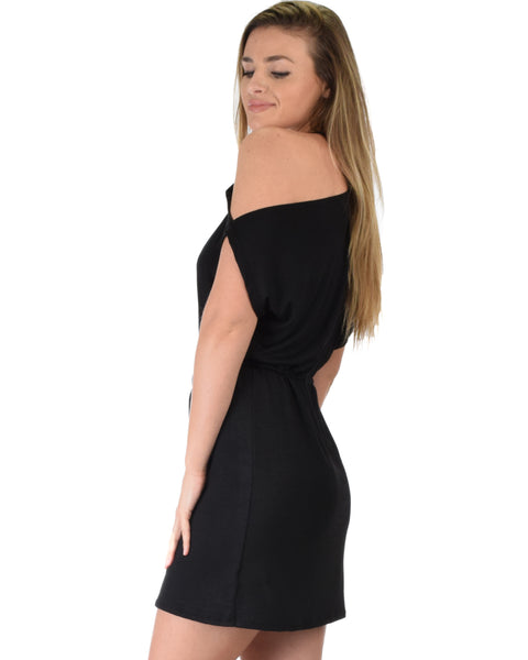 Good Deeds Cold Shoulder Black Waist Tie Dress