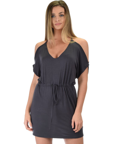 Good Deeds Cold Shoulder Charcoal Waist Tie Dress