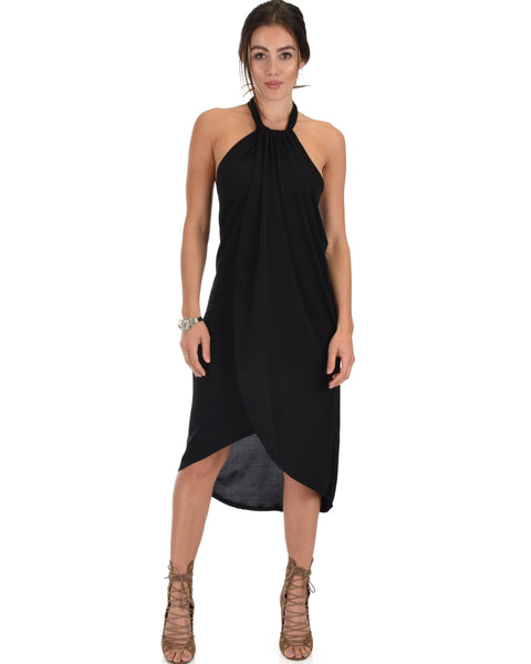 Wrap Star Halter Black Midi Wrap Dress