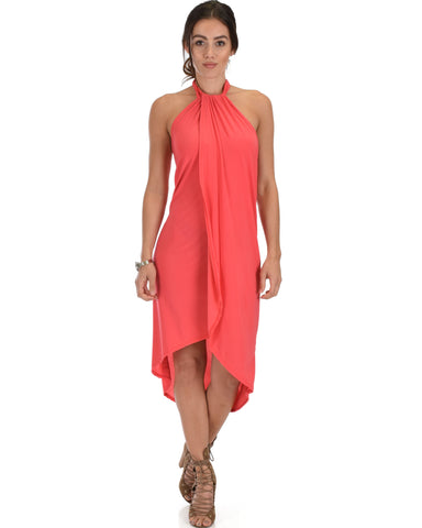 Wrap Star Halter Coral Midi Wrap Dress