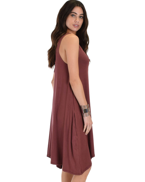 Cross Back Sleeveless Marsala Dress With Pockets