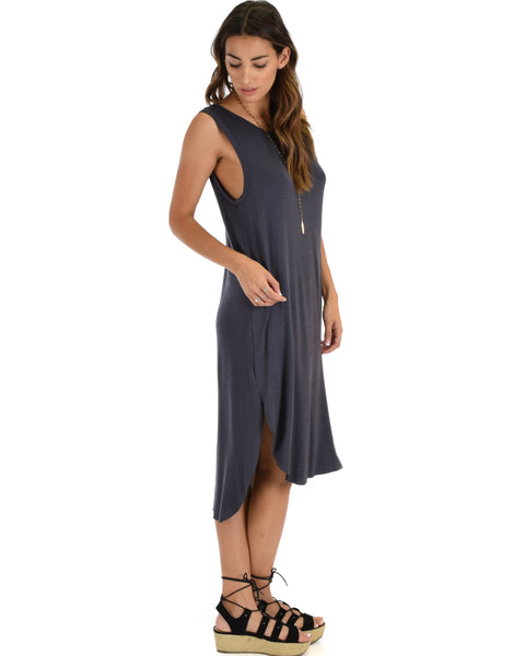 Mood And Melody Side Slit Charcoal T-Shirt Dress