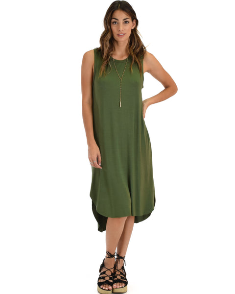 Mood And Melody Side Slit Olive T-Shirt Dress