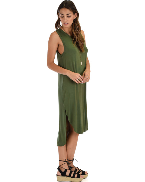 Mood And Melody Side Slit Olive T-Shirt Dress