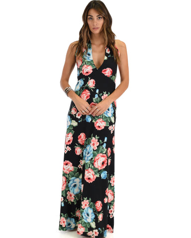 Love Potion Halter Black Floral Maxi Dress