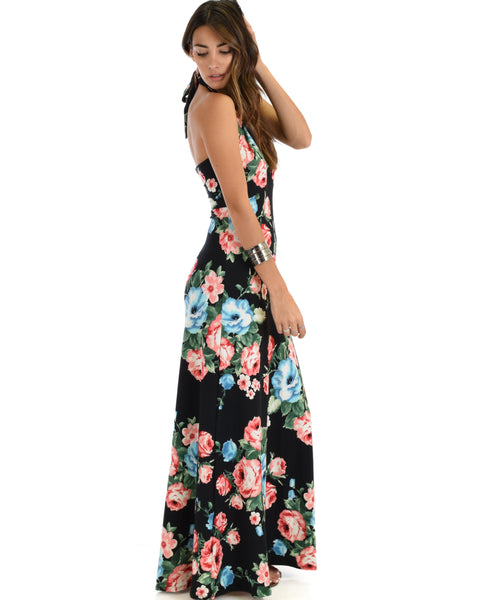 Love Potion Halter Black Floral Maxi Dress