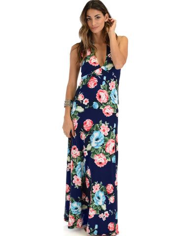 Love Potion Halter Navy Floral Maxi Dress