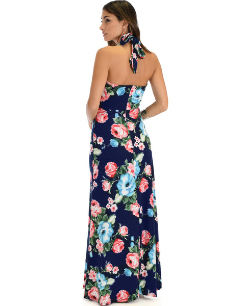 Love Potion Halter Navy Floral Maxi Dress