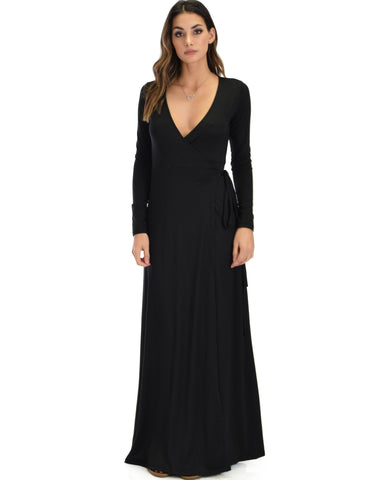 Celestial Long Sleeve Black Wrap Maxi Dress