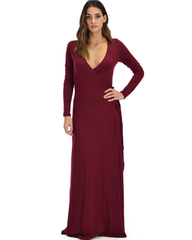 Celestial Long Sleeve Burgundy Wrap Maxi Dress