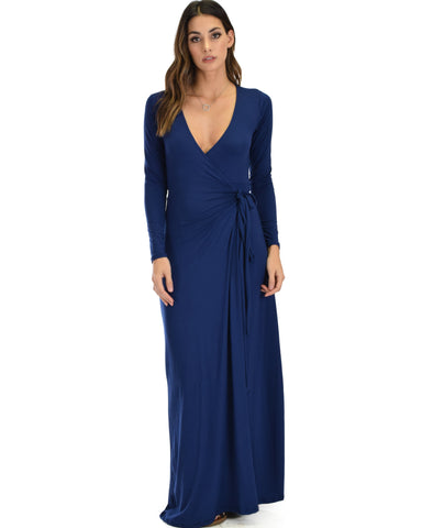 Celestial Long Sleeve Navy Wrap Maxi Dress