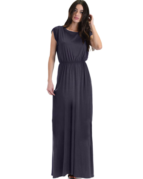 Timeless Charcoal Maxi Dress With Elastic Waist & Side Slit