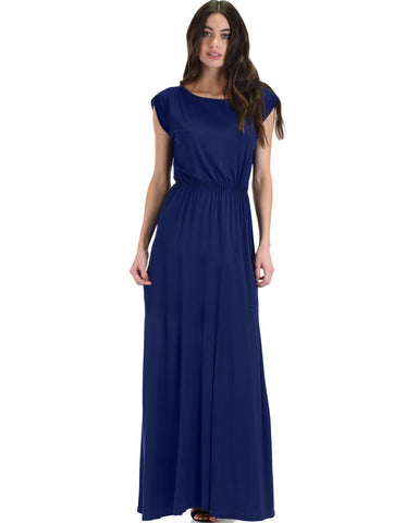 Timeless Navy Maxi Dress With Elastic Waist & Side Slit