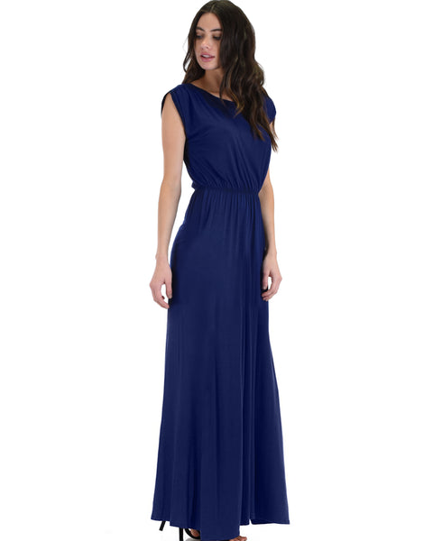 Timeless Navy Maxi Dress With Elastic Waist & Side Slit