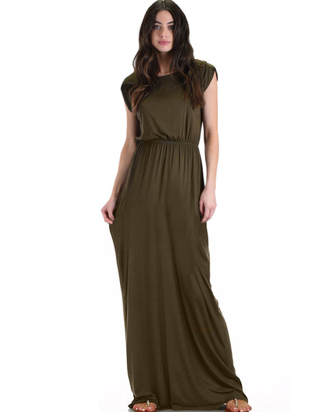 Timeless Olive Maxi Dress With Elastic Waist & Side Slit