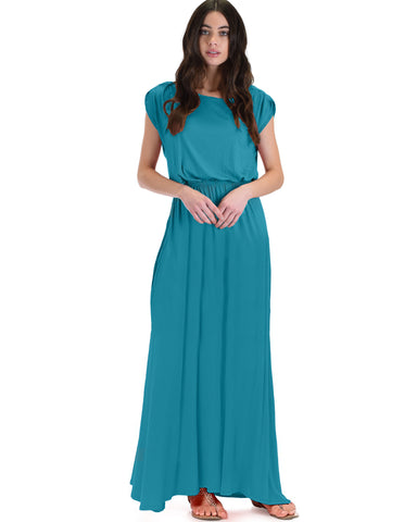 Timeless Teal Maxi Dress With Elastic Waist & Side Slit