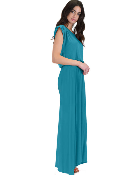 Timeless Teal Maxi Dress With Elastic Waist & Side Slit