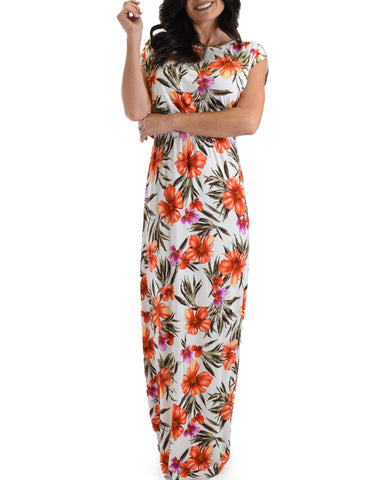 Lyss Loo Coral Tropical Timeless Maxi Dress. Available In Plus Sizes.