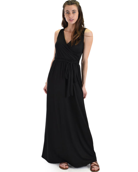 Lyss Loo All Mine Sleeveless Crossover Black Wrap Maxi Dress