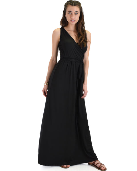 Lyss Loo All Mine Sleeveless Crossover Black Wrap Maxi Dress