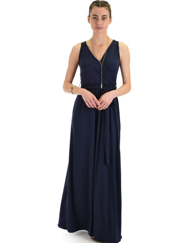 Lyss Loo All Mine Sleeveless Crossover Navy Wrap Maxi Dress