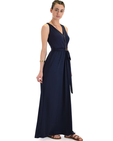 Lyss Loo All Mine Sleeveless Crossover Navy Wrap Maxi Dress