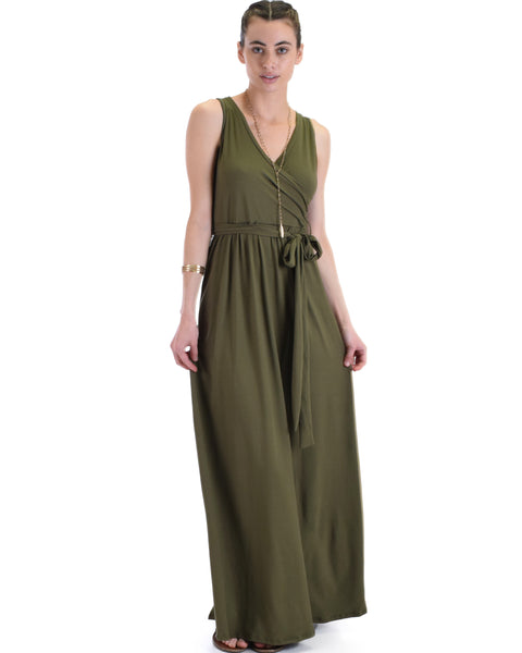 Lyss Loo All Mine Sleeveless Crossover Olive Wrap Maxi Dress