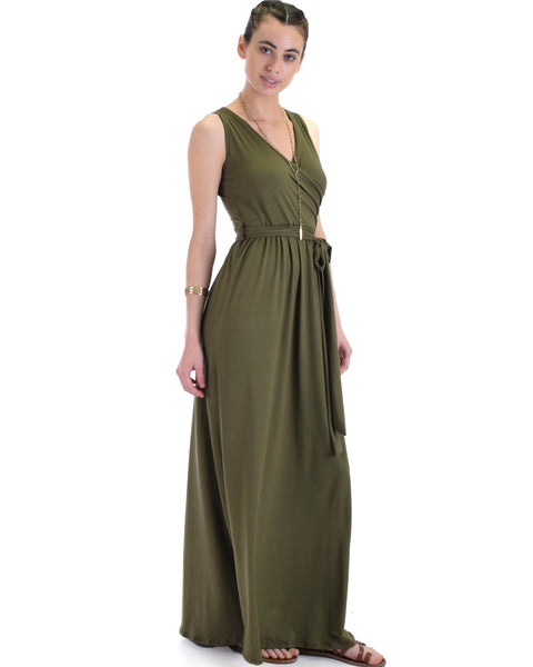 Lyss Loo All Mine Sleeveless Crossover Olive Wrap Maxi Dress