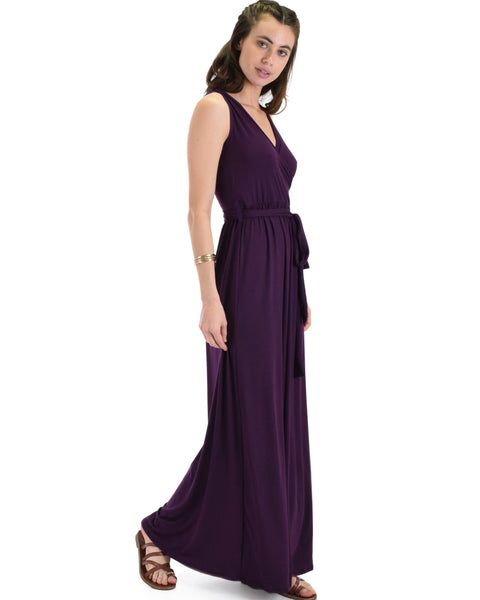 Lyss Loo All Mine Sleeveless Crossover Purple Wrap Maxi Dress