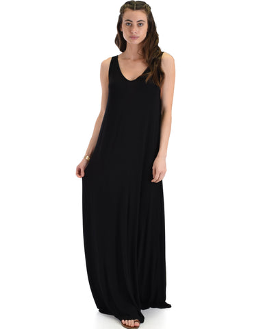 Lyss Loo Lost In Paradise Sleeveless Deep V-Neck Black Shift Maxi Dress